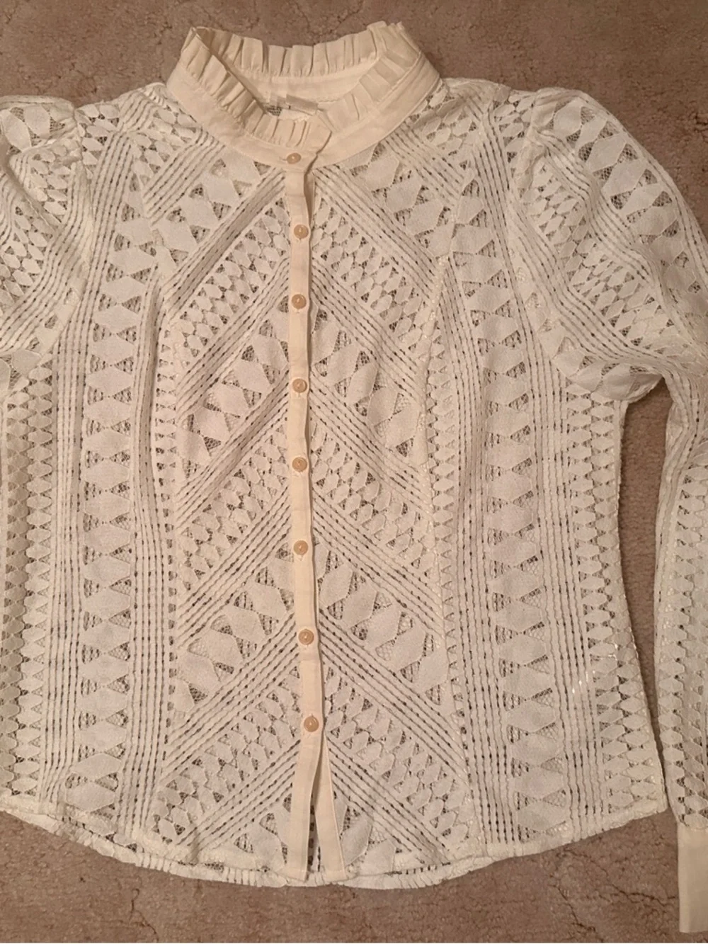 Anthropologie Cream Crochet Lace Ruffle-Neck Button Blouse